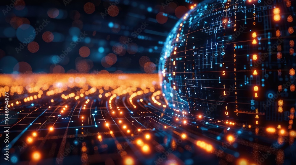 Poster Digital Earth globe with binary code and network connections on a dark background, representing global digital communication or internet technology.