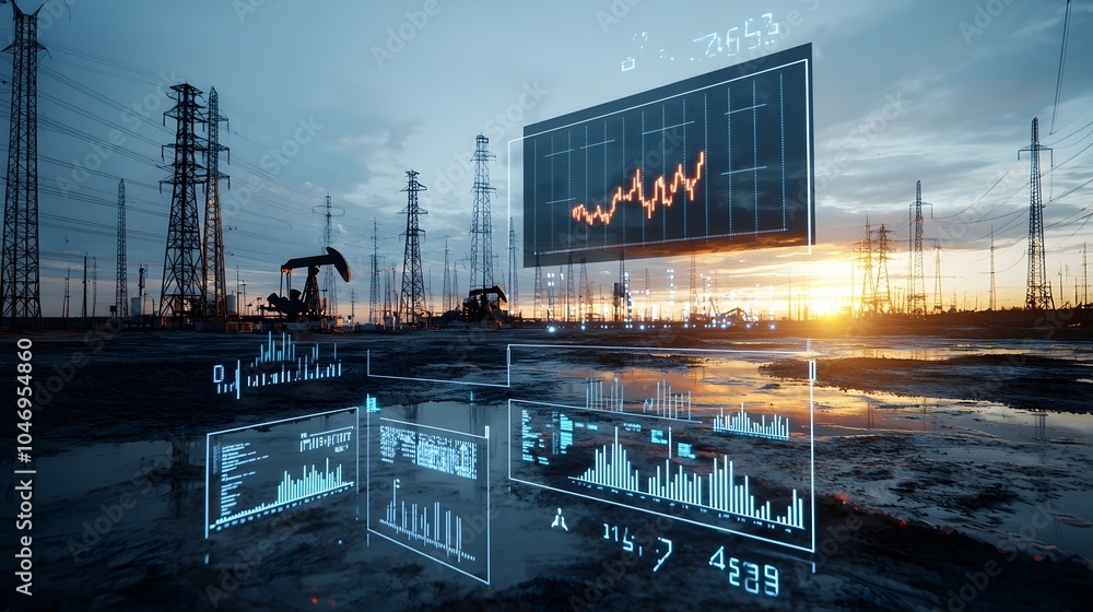 Poster creative oil mining scene merging with a digital forex chart rising into the sky at sunset a strikin