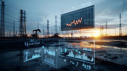 Creative oil mining scene merging with a digital forex chart rising into the sky at sunset a striking visual metaphor for the growth and dynamic trends in market prices and financial investments