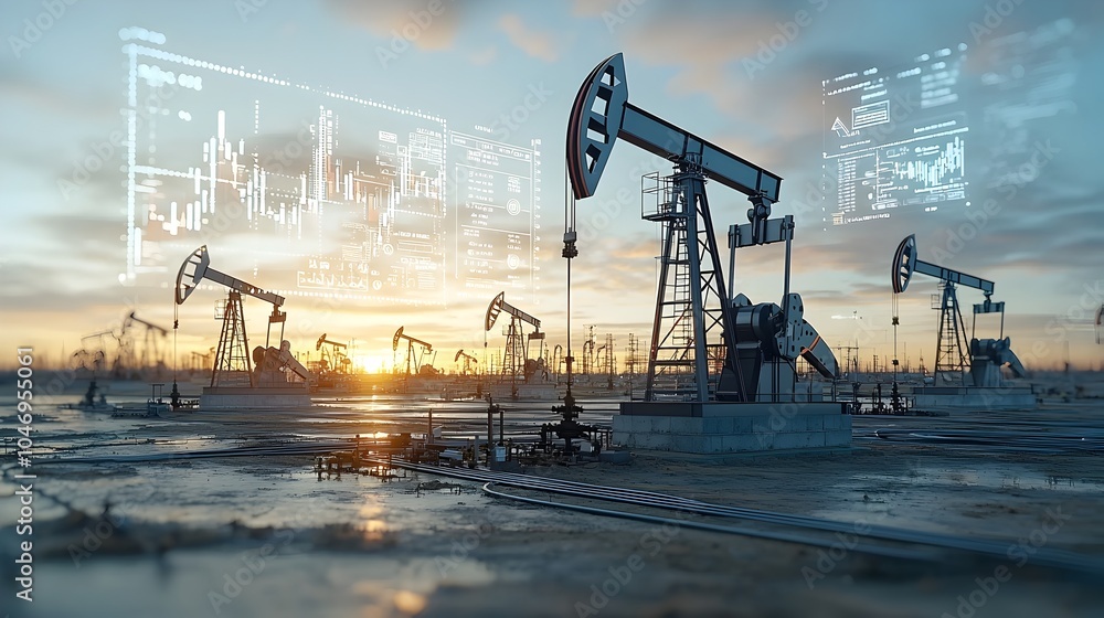 Poster captivating double exposure of oil pumps at work set against a backdrop of an ascending forex chart 