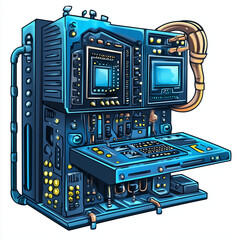 This image represents a computer engineer or programmer working on a large computer system, where the display contains digital circuit boards and electrical or computer circuit data.