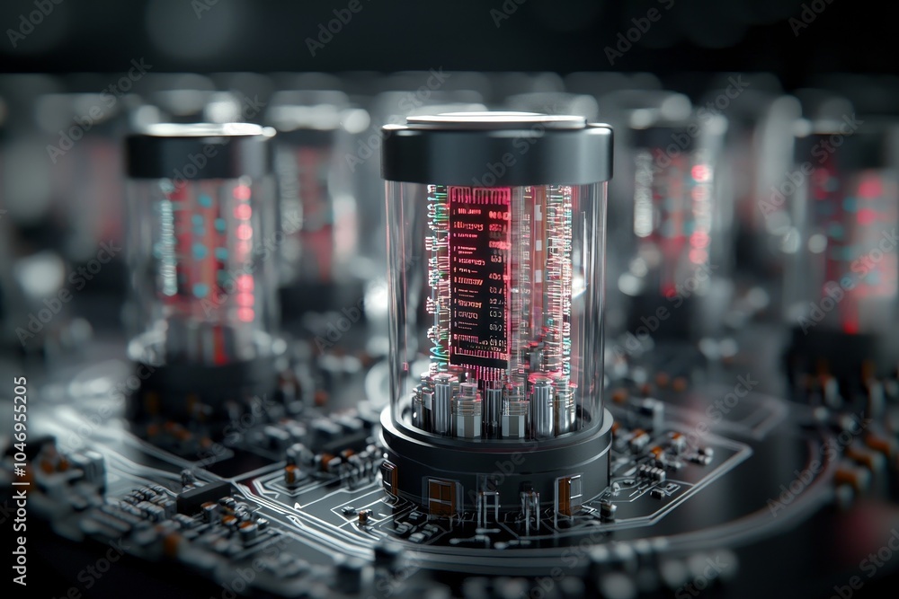 Aufkleber modern lab with sleek, minimalistic design, illuminate quantum bits in action, vibrant colors repres