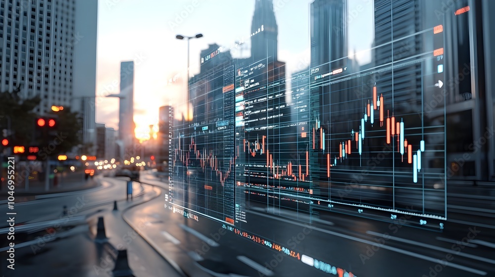 Poster generative composition depicting oil mining and forex market charts growing side by side under a fie