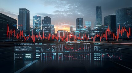 Generative AI created composition showcasing the intertwined growth of oil mining and forex market trends symbolized by charts rising side by side under a dramatic fiery sunset sky