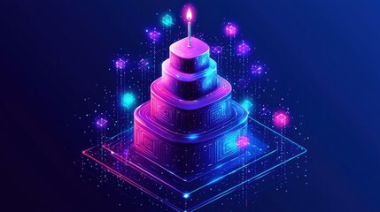Futuristic Digital Birthday Cake with Neon Lights