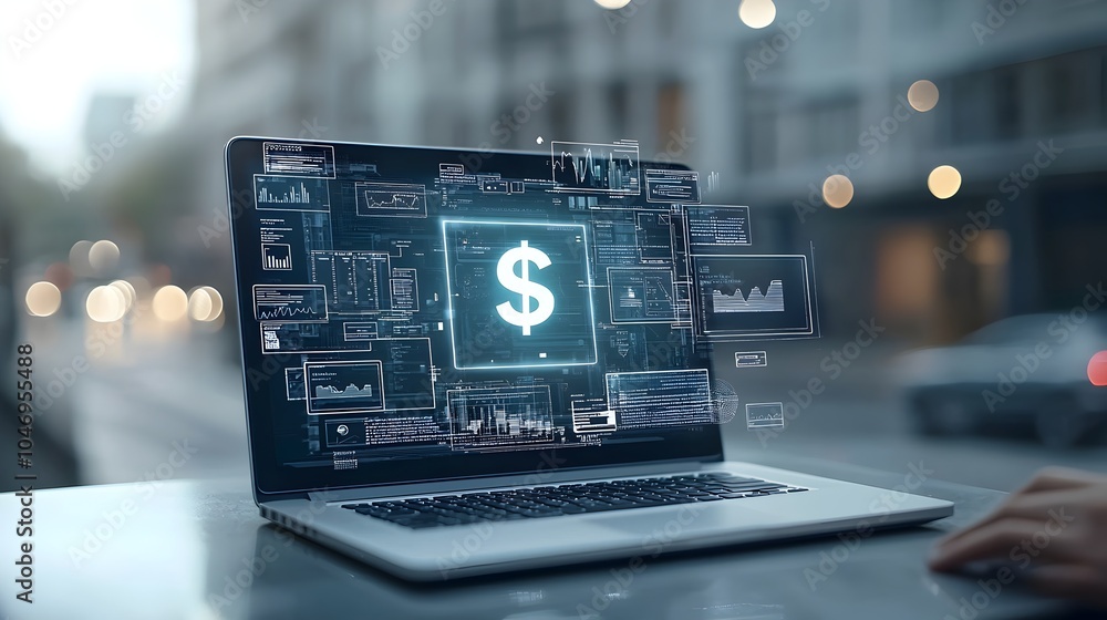 Poster Close up view of a laptop computer displaying a glowing holographic dollar sign symbol representing the concept of digital banking financial technology