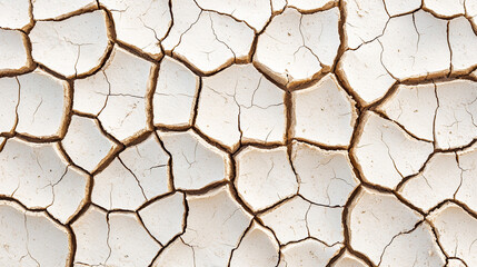 A close-up of a cracked desert floor, with deep crevices and a rough, textured surface,