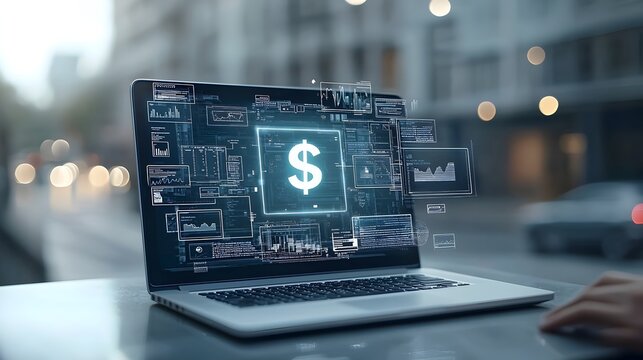Close up view of a laptop computer displaying a glowing holographic dollar sign symbol representing the concept of digital banking financial technology