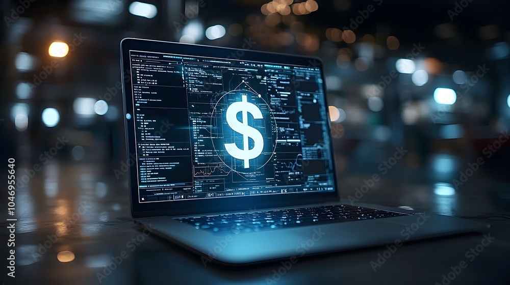 Poster Glowing holographic dollar sign floating above a laptop computer against a soft focus background representing the modern digital finance and fintech industry  Conceptual image showcasing innovation