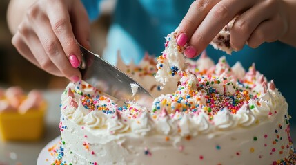 Person decorating a birthday cake with frosting and sprinkles