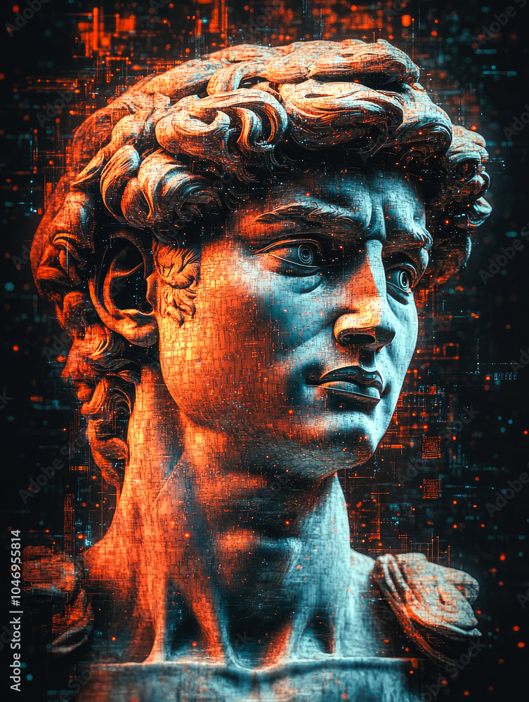 Poster a futuristic artistic bust crafted with intricate mosaic-like digital patterns and designs, celebrat