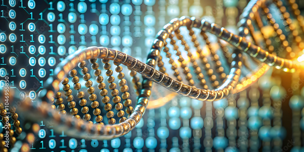 Poster macro image of dna strand in binary code with copy space, close-up visualization of genes representi