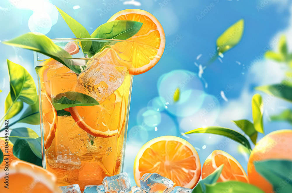 Poster glass of orange juice with ice cubes and a slice of orange on top. the image has a bright and cheerf