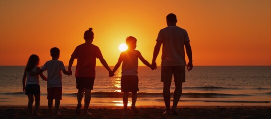 A gay family silhouetted against a sunset backdrop while walking together