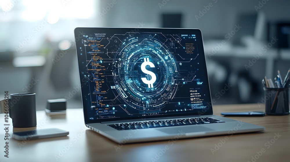 Poster close up view of a laptop displaying a futuristic holographic dollar sign highlighting the technolog
