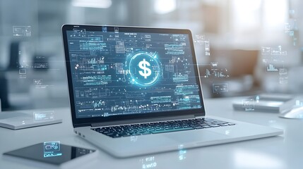 Close up view of a modern laptop displaying a futuristic hologram of a dollar sign symbolizing the of digital currency and online banking technology