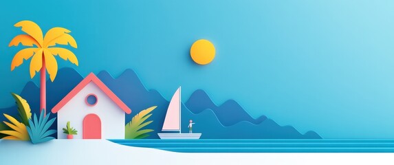 Naklejka premium Tropical Beach Scene with Boat and Palm Trees