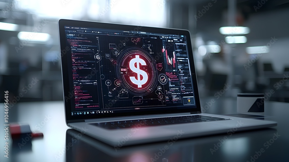 Poster glowing 3d dollar sign hologram hovering over laptop computer symbolizing the future of online curre