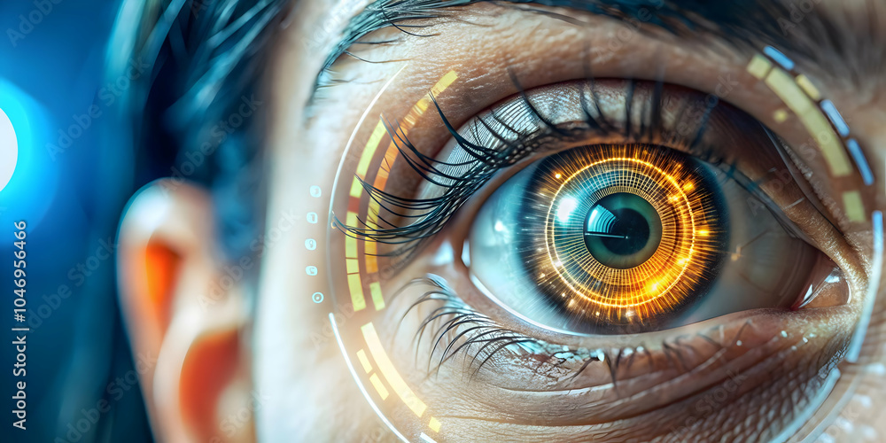 Poster macro shot human eye virtual interface close up futuristic technology interaction sci-fi concept cop