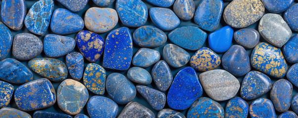 A large quantity of Lapis Lazuli stones layered in a visually appealing manner, filling the entire background