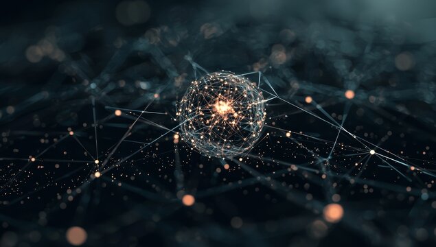 Atom with electrons orbiting a nucleus, glowing with energy and vibrant colors on a dark background. Scientific background concept. Stock photo.