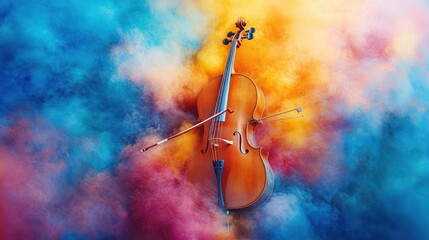 Illustration of musician playing cello in colorful dust cloud, AI generated image