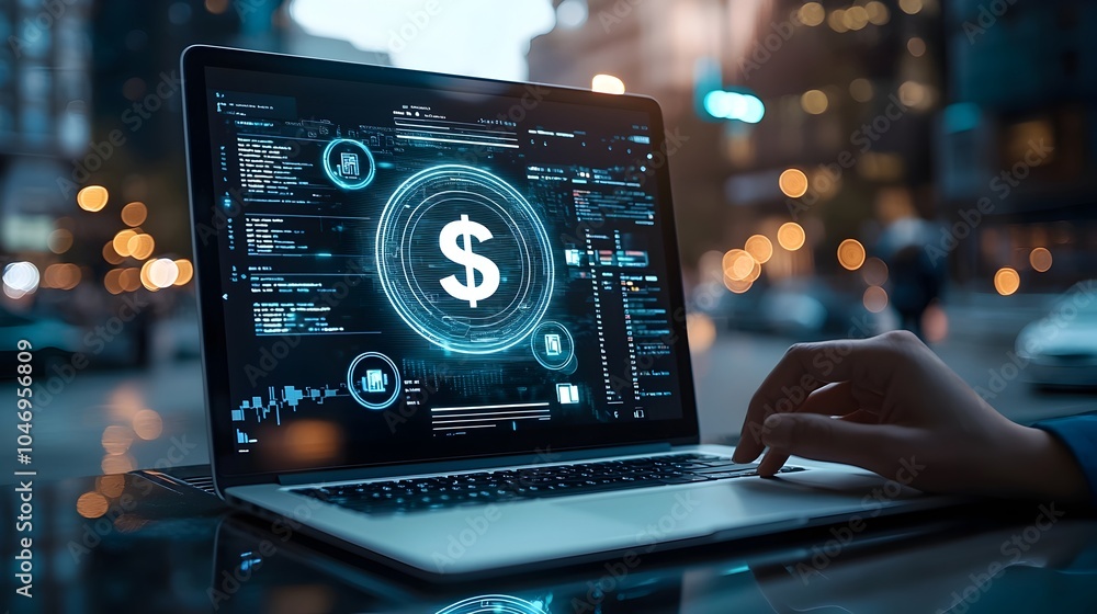 Poster laptop displaying a glowing dollar sign hologram representing the advancements in online banking and