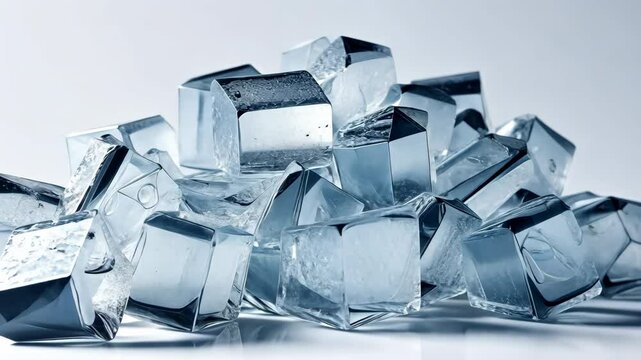 A pile of melting ice cubes on white background. Crushed ice for cooling food or refreshing drinks.