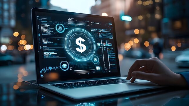 Laptop displaying a glowing dollar sign hologram representing the advancements in online banking and financial technology  The softly blurred background adds a sense of modern