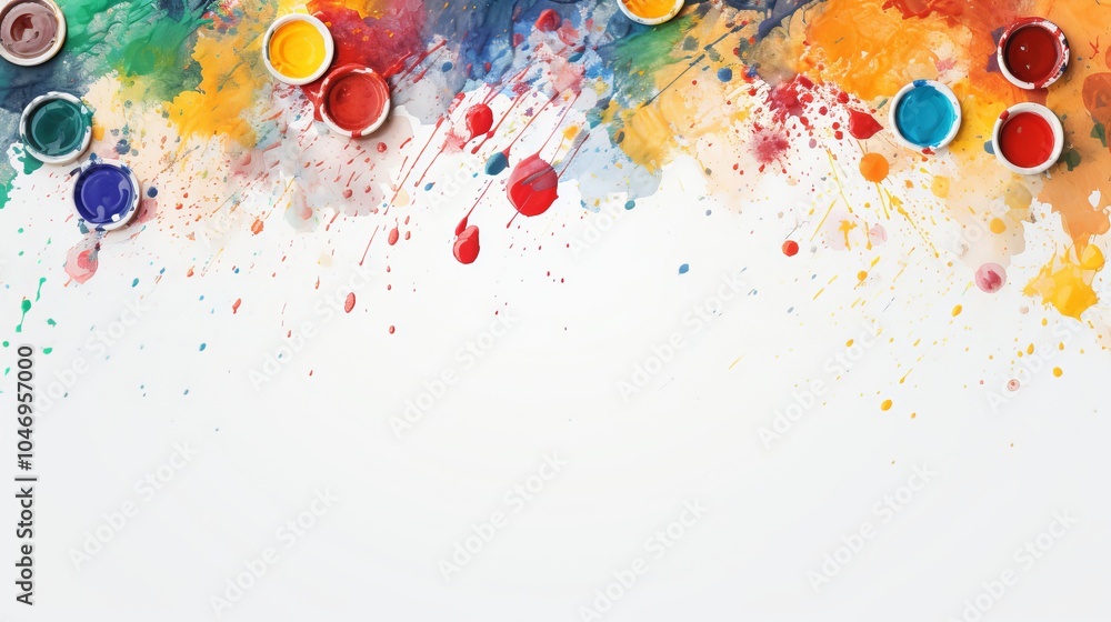 Poster colorful splashes of paint with containers on a blank canvas, perfect for creative projects