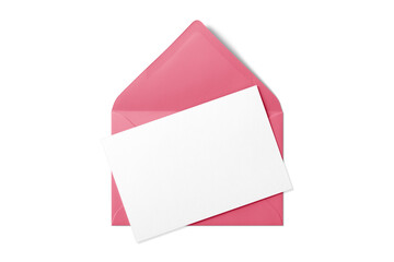 Opened pink envelope mockup with blank paper isolated on a transparent background, PNG. High resolution. 