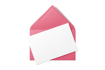 Opened pink envelope mockup with blank paper isolated on a transparent background, PNG. High resolution. 