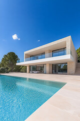 Fototapeta premium Modern luxury villa with infinity pool under a clear blue sky in a tranquil setting