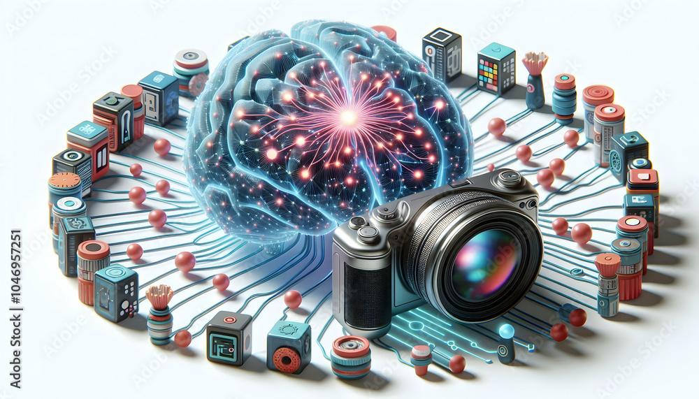 Poster 3D Macro Digital AI Brain Simulation Concept Close Up Shot Neural Pathways AI Connectivity Japan Zoom In Data Transfer Neurons Firing 3D Icon Isolated White Background Visual Tech
