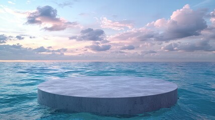 Concrete Platform Floating on Calm Ocean Waters Under a Cloudy Sky