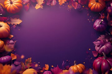 Fototapeta premium Autumn harvest display with vibrant pumpkins and colorful flowers against a purple backdrop