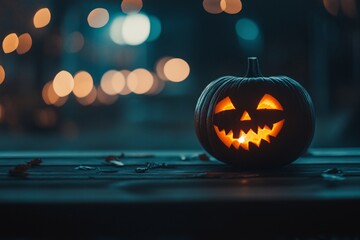 A glowing jack-o'-lantern rests on a rustic wooden table amidst swirling mist and sparkling dust, capturing the essence of Halloween night