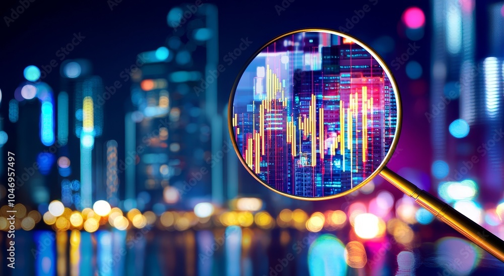 Poster in the background, there are city lights. this is an interactive graph looking at data analytics and