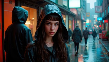 The mysterious figure of a girl in a hooded jacket stands contemplatively against a rainy nighttime city scene
