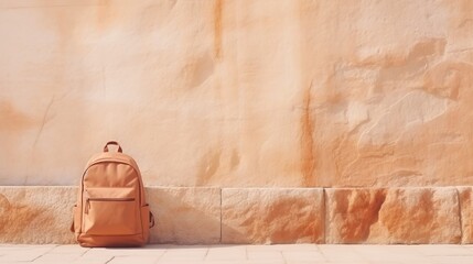 A brown backpack rests against a textured wall in a sunlit urban setting during midday