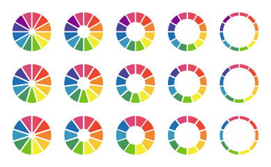 Donut charts, pies segmented on 10, 11, 12 equal parts. Wheels divided in sections. Diagrams infographic multicoloured collection. Circle section minimalist graph. Pizza chart round icon. Loading bar.