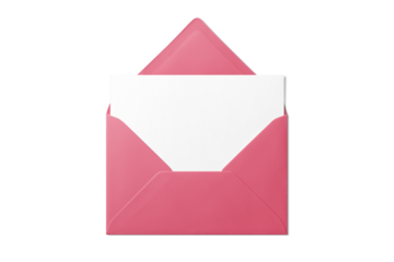 Opened pink envelope mockup with blank paper isolated on a transparent background, PNG. High resolution. 