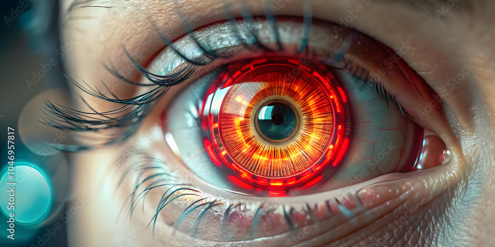 Poster macro shot eye digital data reflected iris close up human eye binary code technology connection conc