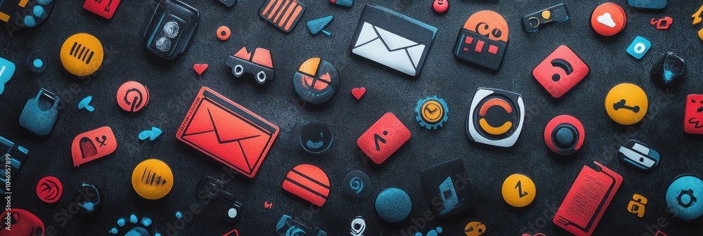 Poster colorful app icons arranged in a chaotic pattern on dark background.