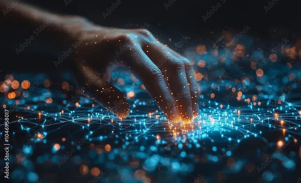 Poster Hand touching glowing network of interconnected points in high-tech image