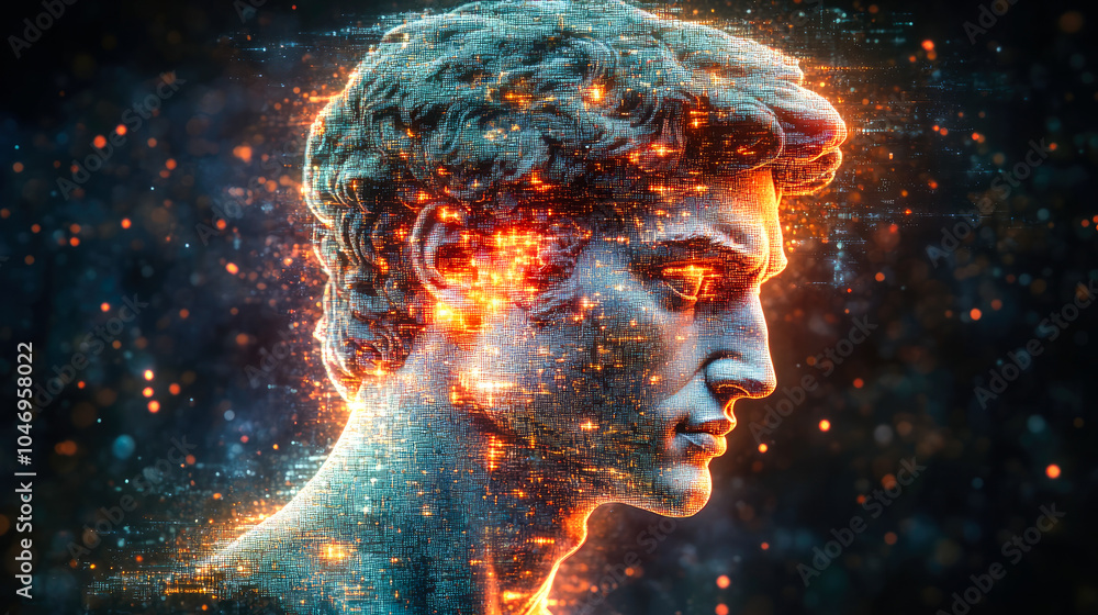 Poster a profile view of a classical sculpture enhanced with ethereal digital effects of glowing pixel clou