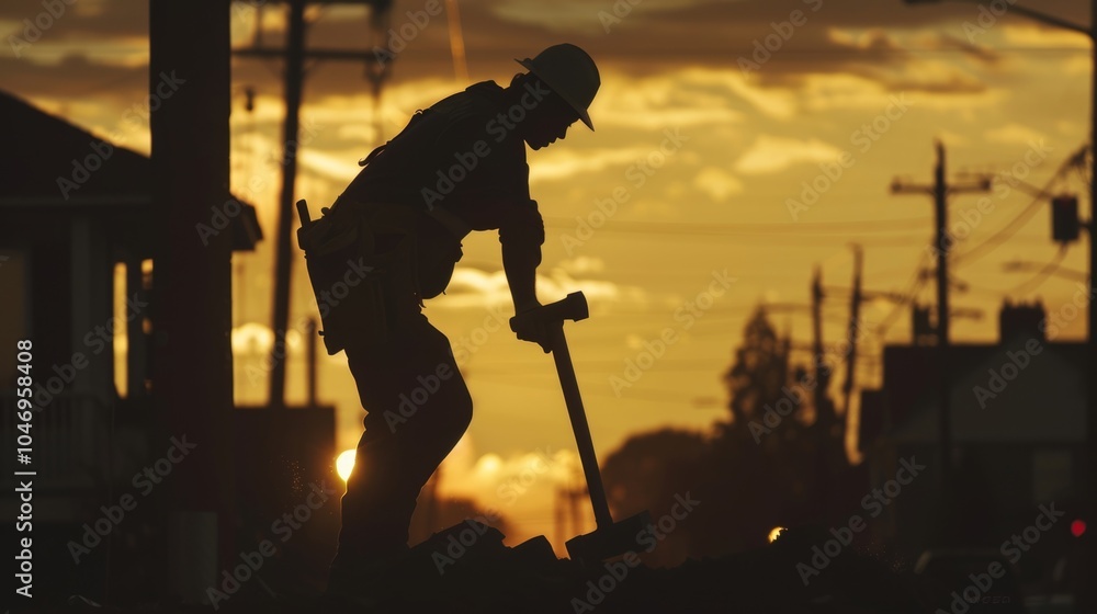 Poster in the fading light of the day a silhouette of a construction worker is captured in midswing with a 