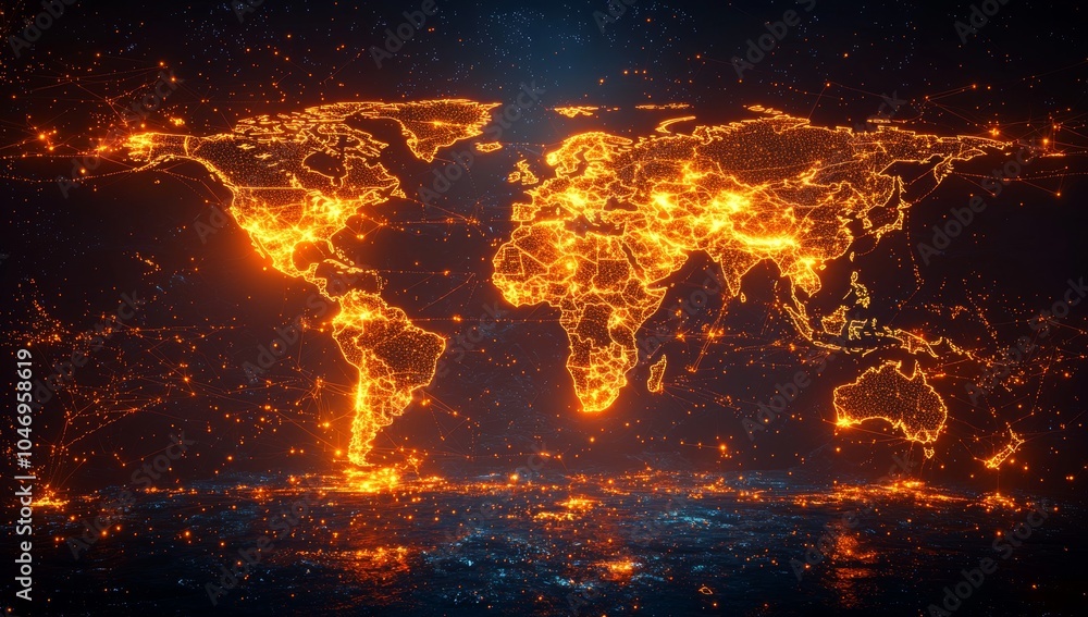 Aufkleber Glowing digital map of the world with points of connection on a dark background. The red highlights represent global connections.
