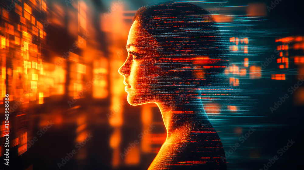 Poster a side profile view of a digital face intertwined with dynamic data streams captures the essence of 