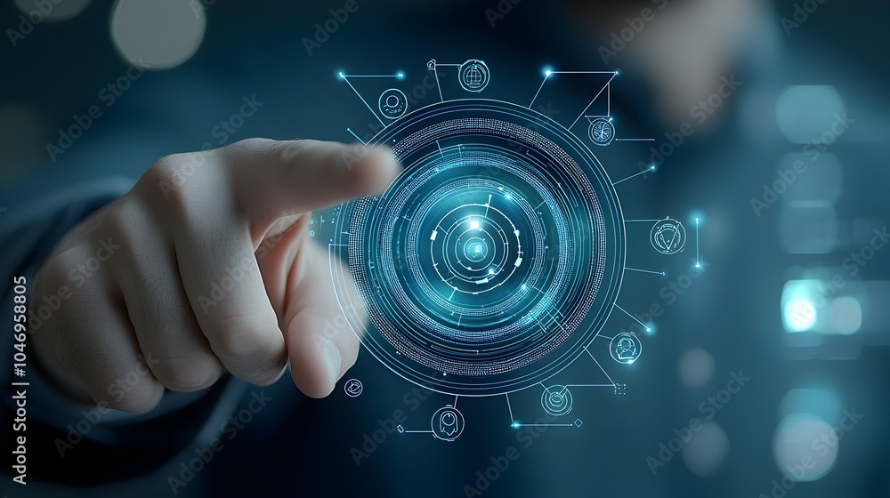 Aufkleber Futuristic business concept featuring a businessman pointing at a polygonal hand against a dark blue background surrounded by glowing bokeh effects representing technology innovation